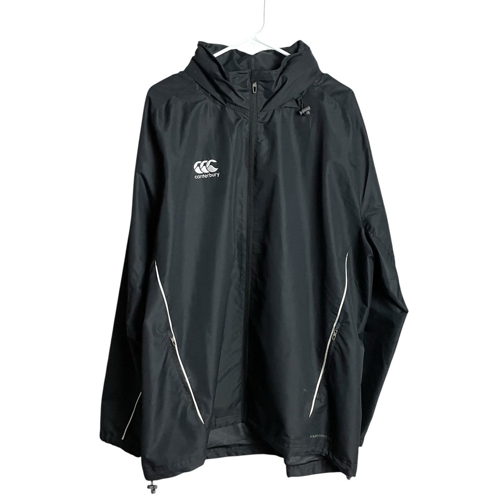 Canterbury New Zealand Mens Rugby Jacket 2XL Black Hooded Full Zip Windbreaker